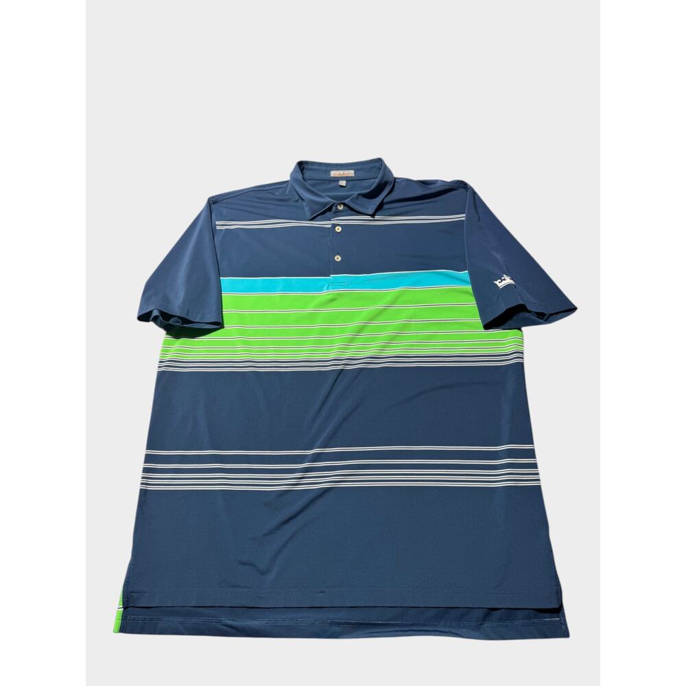 Peter Millar Golf Polo Shirt Mens 2XL Navy Blue Striped Short Sleeve Slit Hem - Picture 2 of 9